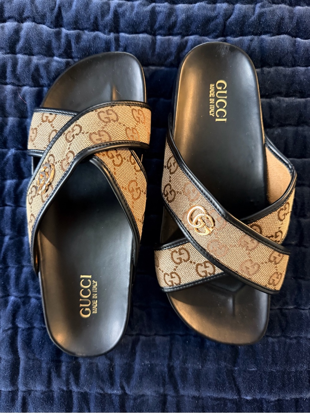 GG Brown Beige Canvas Cross-Strap Slide Sandals with Gold Logo